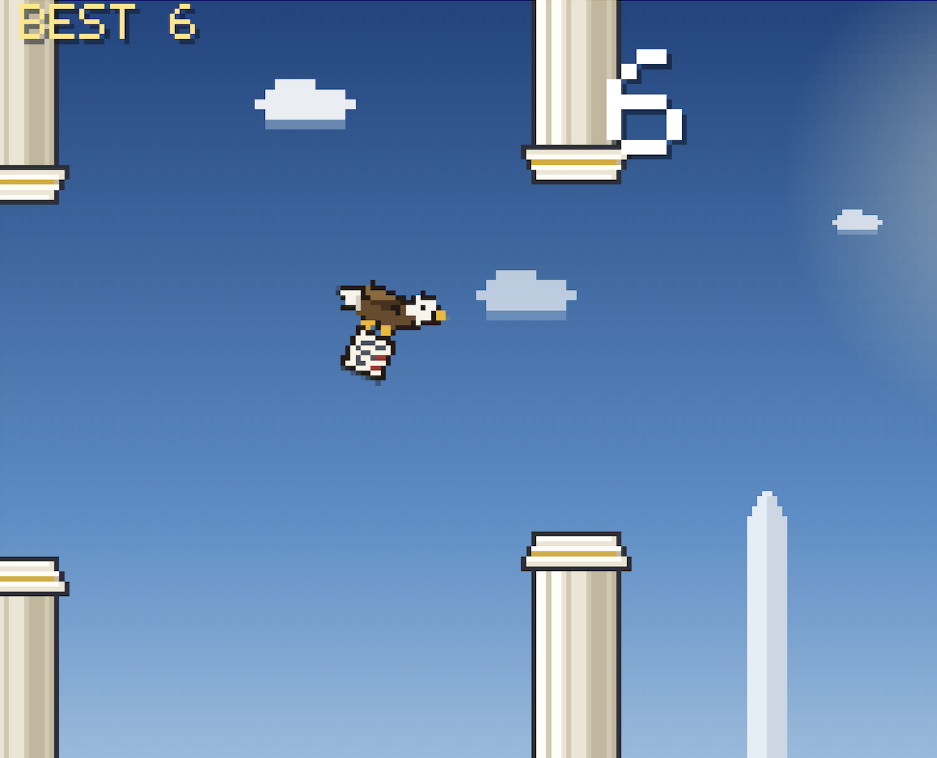 Pixel eagle flying between columns on the National Mall