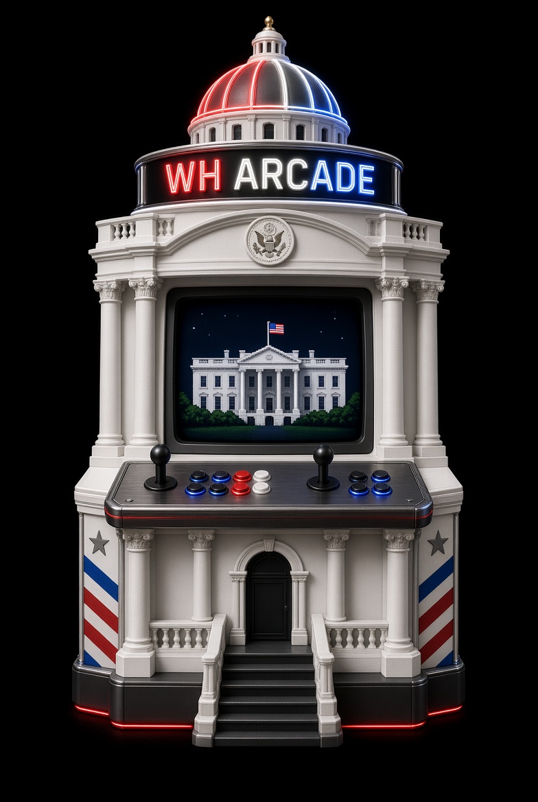 White House arcade cabinet with a red, white, and blue neon dome, dual joysticks, and the White House on its screen