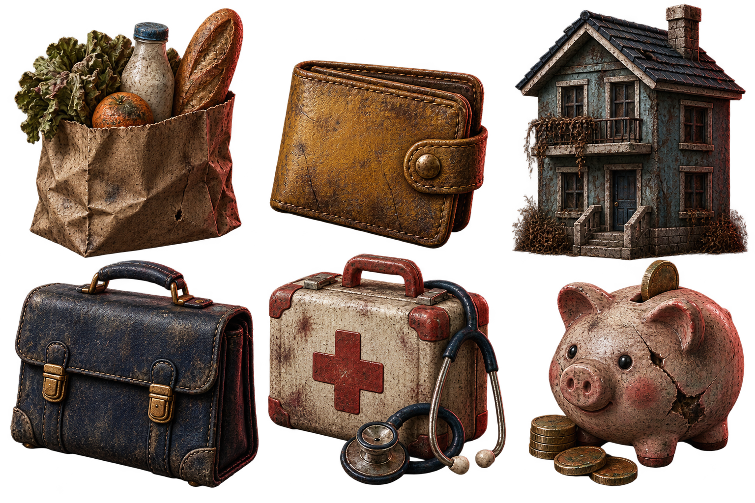 Illustrated groceries, a wallet, a home, a briefcase, health care and savings for the matching game