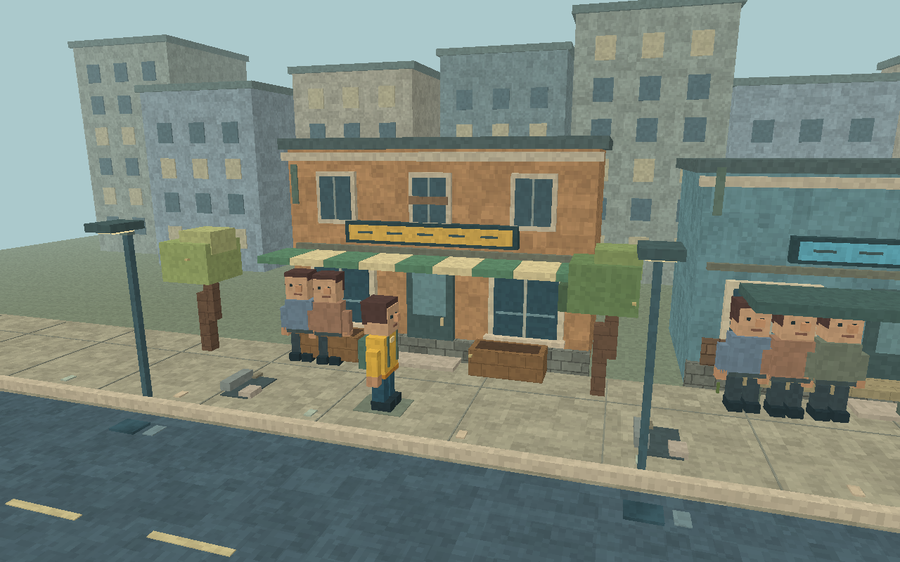 A block-built character in a yellow jacket walking past weathered neighborhood shops