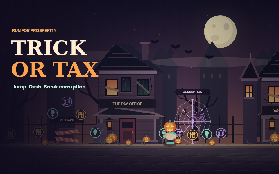 A pumpkin-headed trick-or-treater, glowing ghosts and crooked haunted houses under a Halloween moon